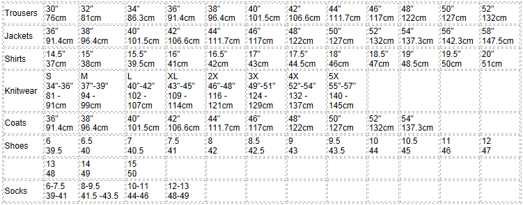 Menswear Size Chart